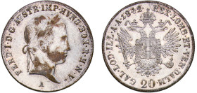 Austria Empire 1842 A 20 Kreuzer - Ferdinand I Silver (.583) Vienna Mint 6.62g AU KM 2208 Adamo D7