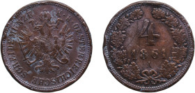 Austria Empire 1861 A 4 Kreuzer - Franz Joseph I Copper Vienna Mint (17548750) 13.34g VF Scratches KM 2194 ÉH 1479 H 2168, 2169 Adamo M7
