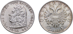Austria Federal State 1936 2 Schilling (Prince Eugen of Savoy) Silver (.640) Vienna Mint (500000) 12.06g UNC KM 2858