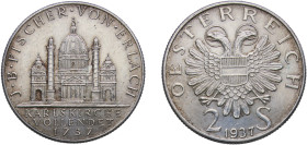 Austria Federal State 1937 2 Schillings (St. Karl Church) Silver (.640) Vienna Mint (500000) 12.09g UNC KM 2859 Schön 62