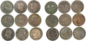 Italy Kingdom 1861 - 1903 2 Centesimi (Lot with 9 coins) Bronze Rome Mint VF