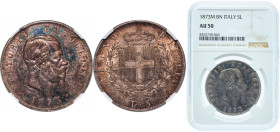 Italy Kingdom 1873 M BN 5 Lire - Victor Emmanuel II Silver (.900) Milan Mint (8438247) 25g NGC AU 50 Wonderful patina KM 8