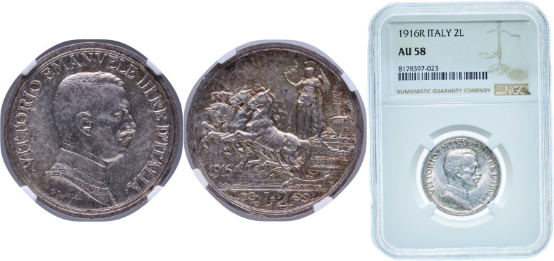 Italy Kingdom 1916 R 2 Lire - Vittorio Emanuele III Silver (.835) Rome Mint (109...