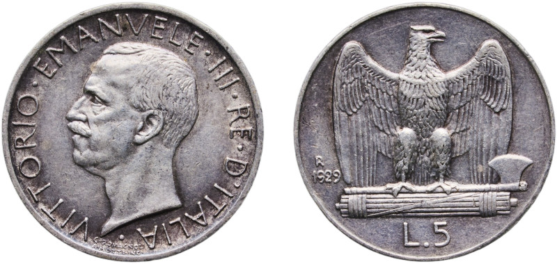 Italy Kingdom 1929 R 5 Lire - Vittorio Emanuele III Silver (.835) Rome Mint (338...
