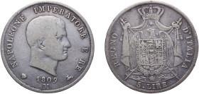 Italy Napoleonic Kingdom of Italy Italian states 1809 M 5 Lire - Napoleon I Silver (.900) Milan Mint (2483092) 24.64g VF KM 10