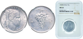 Italy Republic 1949 R 5 Lire Aluminium Rome Mint (71100000) 2.5g NGC MS 62 KM 89 Schön 88