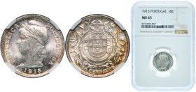 Portugal First Republic 1915 10 Centavos Silver (.835) Lisbon Mint (3418000) 2.5g NGC MS 65 KM 563 Gomes R 07