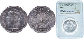 Portugal First Republic 1916 50 Centavos Silver (.835) Lisbon Mint (5080000) 12.5g NGC MS 62 KM 561 Gomes R 18