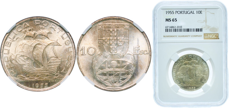 Portugal Second Republic 1955 10 Escudos Silver (.680) Lisbon Mint (4055650) 12....