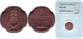 San Marino Republic 1938 R 5 Centesimi Bronze Rome Mint (200000) 3.2g NGC MS 63 KM 12