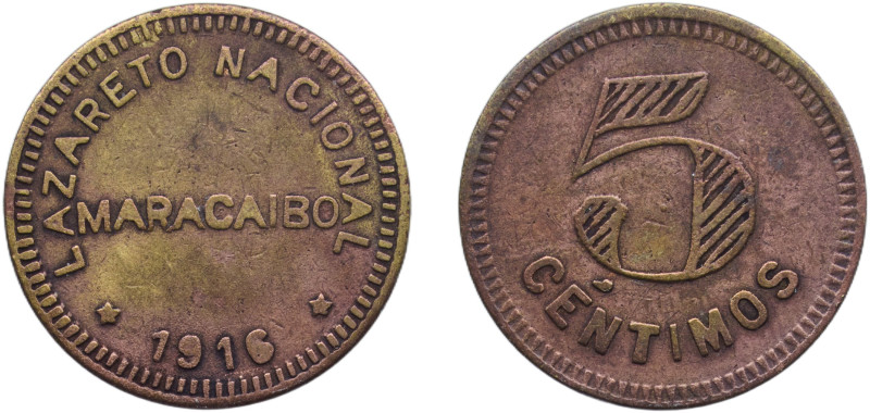 Venezuela United States 1916 5 Céntimos (Maracaibo Leper Colony) Brass 3.06g AU ...