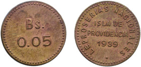 Venezuela United States 1939 0.05 Bolívar (Isla de Providencia Leper Colony) Brass 1.58g UNC KM L19 NCV ml0.05bs-ba