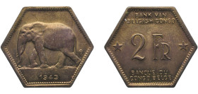 Belgium Belgian Congo Colony 1943 2 Francs - Léopold III Brass Philadelphia Mint (25000000) 6g AU KM 25 LA BCM-16