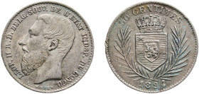Belgium Belgian Congo Free State 1894 50 Centimes - Léopold II Silver (.835) Brussels Mint (40000) 2.44g AU KM 5 LA VCM-8