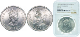 Bermuda British Overseas Territory 1959 1 Crown - Elizabeth II (350th Anniversary - Colony Founding) Silver (.500) Royal Mint (Tower Hill) (100000) 28...