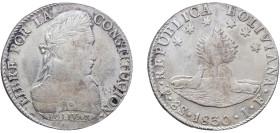 Bolivia Republic 1830 PTS J 8 Soles Silver (.903) Potosi Mint 26.65g AU KM 97