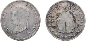 Bolivia Republic 1858 PTS FJ 4 Soles Silver (.667) Potosi Mint 13.32g XF KM 123.2