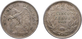Chile Republic 1927 So 5 Pesos Silver (.900) Santiago Mint 25.13g AU KM 173