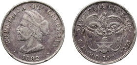 Colombia Republic 1892 50 Centavos (Discovery of America) Silver (.835) 12.46g XF KM 187 Hernández 545-546