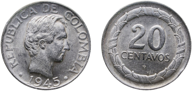 Colombia Republic 1945 B 20 Centavos Silver (.500) Bogota Mint (1675000) 5.02g U...
