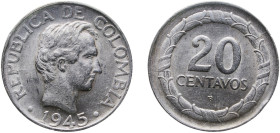 Colombia Republic 1945 B 20 Centavos Silver (.500) Bogota Mint (1675000) 5.02g UNC KM 208