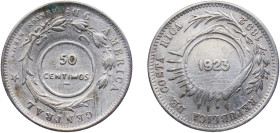 Costa Rica First Republic 1923 GW 50 Céntimos (Counterstamped Coinage; Type VIII) Silver (.750) San José Mint 6.24g AU KM 157