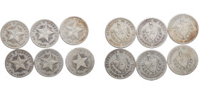 Cuba First Republic 1915 - 1949 20 Centavos (Lot of 6 Coins) Silver (.900) Philadelphia Mint VF KM 13 Y 7 Schön 7