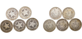 Cuba First Republic 1915 - 1949 20 Centavos (Lot with 5 coins, 1915, 1916, 1920, 1948, 1949) Silver (.900) Philadelphia Mint VF KM 13 Y 7 Schön 7