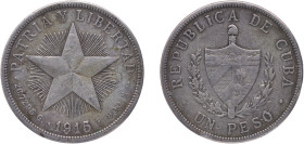 Cuba First Republic 1915 1 Peso Silver (.900) Philadelphia Mint (1976000) 26.36g XF KM 15 Y 9