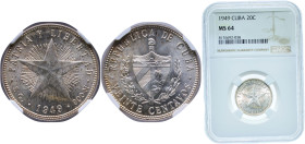 Cuba First Republic 1949 20 Centavos Silver (.900) Philadelphia Mint (13170000) 5g NGC MS 64 KM 13 Y 7 Schön 7