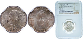 Cuba First Republic 1953 25 Centavos (José Martí) Silver (.900) Philadelphia Mint (19000000) 6.25g NGC MS 64 KM 27 Y 21 Schön 25