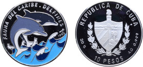 Cuba Second Republic 1994 10 Pesos (Dolphins) Silver (.999) (Colorized reverse) Havana Mint (7000) 20.05g PF KM 499