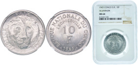 Democratic Republic of the Congo 1965 10 Francs Aluminium Brussels Mint (100100000) 3.27g NGC MS 64 KM 1 Schön 34