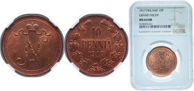 Finland Grand duchy 1917 10 Pennia - Nikolai II Copper Helsinki Mint (1600000) 12.8g NGC MS 64 KM 14 Schön 9 Kahnt/Schön 22