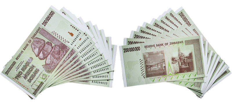Zimbabwe Republic 2008 200000000 Dollars (Lot with 10 Banknotes) Paper UNC P 81 ...