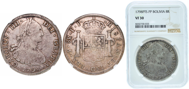 Bolivia Spanish colony 1798 PTS PP 8 Reales - Charles IV Silver (.896) Potosi Mi...