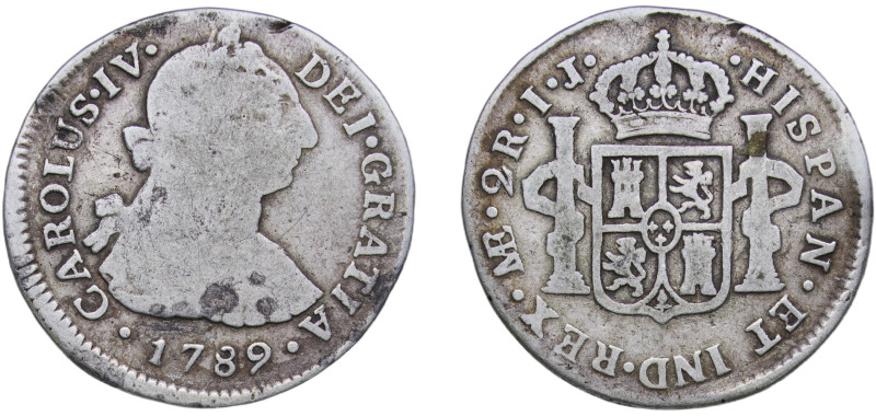 Peru Spanish colony 1789 LIMA IJ 2 Reales - Carlos IV (Numeral IV - Carlos III p...