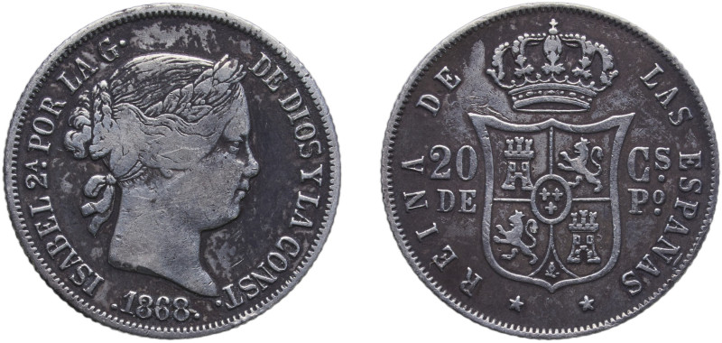 Philippines Spanish colony 1868 20 Centimos - Isabella II Silver (.900) Milan Mi...