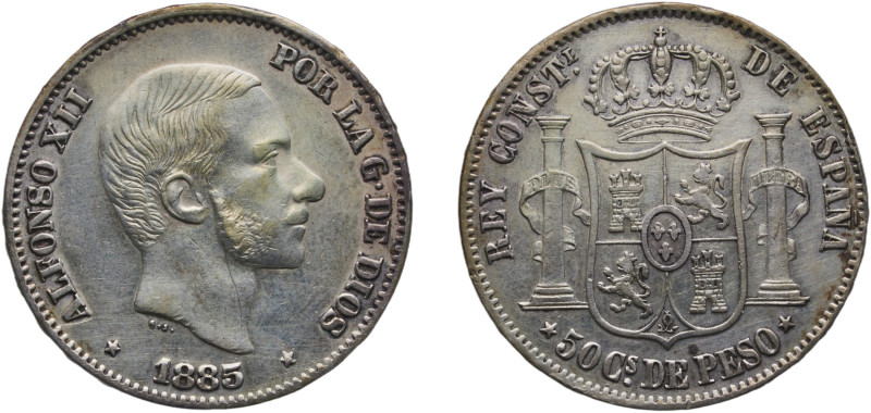 Philippines Spanish colony 1885 50 Centimos - Alfonso XII Silver (.835) Manila M...