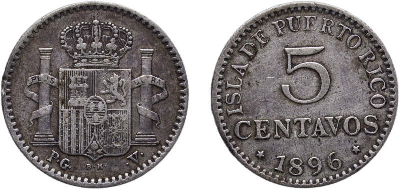 Puerto Rico Spanish colony 1896 PGV 5 Centavos Silver (.835) Madrid Mint (600000...