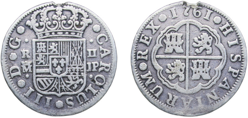Spain Kingdom 1761 M JP 2 Reales - Carlos III (1st type) Silver (.833) Madrid Mi...