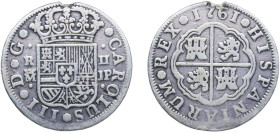 Spain Kingdom 1761 M JP 2 Reales - Carlos III (1st type) Silver (.833) Madrid Mint 5.34g VF Rim Damage KM 388