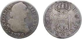 Spain Kingdom 1778 M PJ 2 Reales - Carlos III (2nd type) Silver (.813) Madrid Mint 5.45g VF KM 412