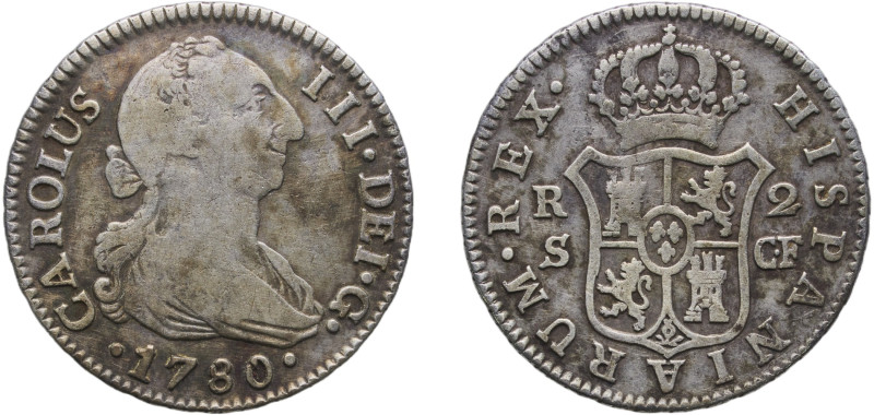 Spain Kingdom 1780 S CF 2 Reales - Carlos III (2nd type) Silver (.813) Seville M...