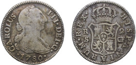 Spain Kingdom 1780 S CF 2 Reales - Carlos III (2nd type) Silver (.813) Seville Mint 5.74g VF KM 412
