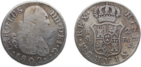 Spain Kingdom 1802 M FA 2 Reales - Carlos IV Silver (.806) Madrid Mint 5.55g VF KM 430