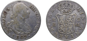 Spain Kingdom 1807 M AI 2 Reales - Carlos IV Silver (.806) Madrid Mint 5.7g VF KM 430