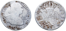 Spain Kingdom 1808 M AI 2 Reales - Carlos IV Silver (.806) Madrid Mint 5.78g VF KM 430