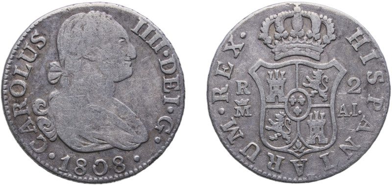 Spain Kingdom 1808 M AI 2 Reales - Carlos IV Silver (.806) Madrid Mint 5.95g VF ...