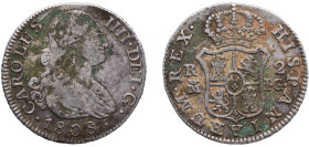 Spain Kingdom 1808 M IG 2 Reales - Carlos IV Silver (.806) Madrid Mint 5.8g VF KM 430